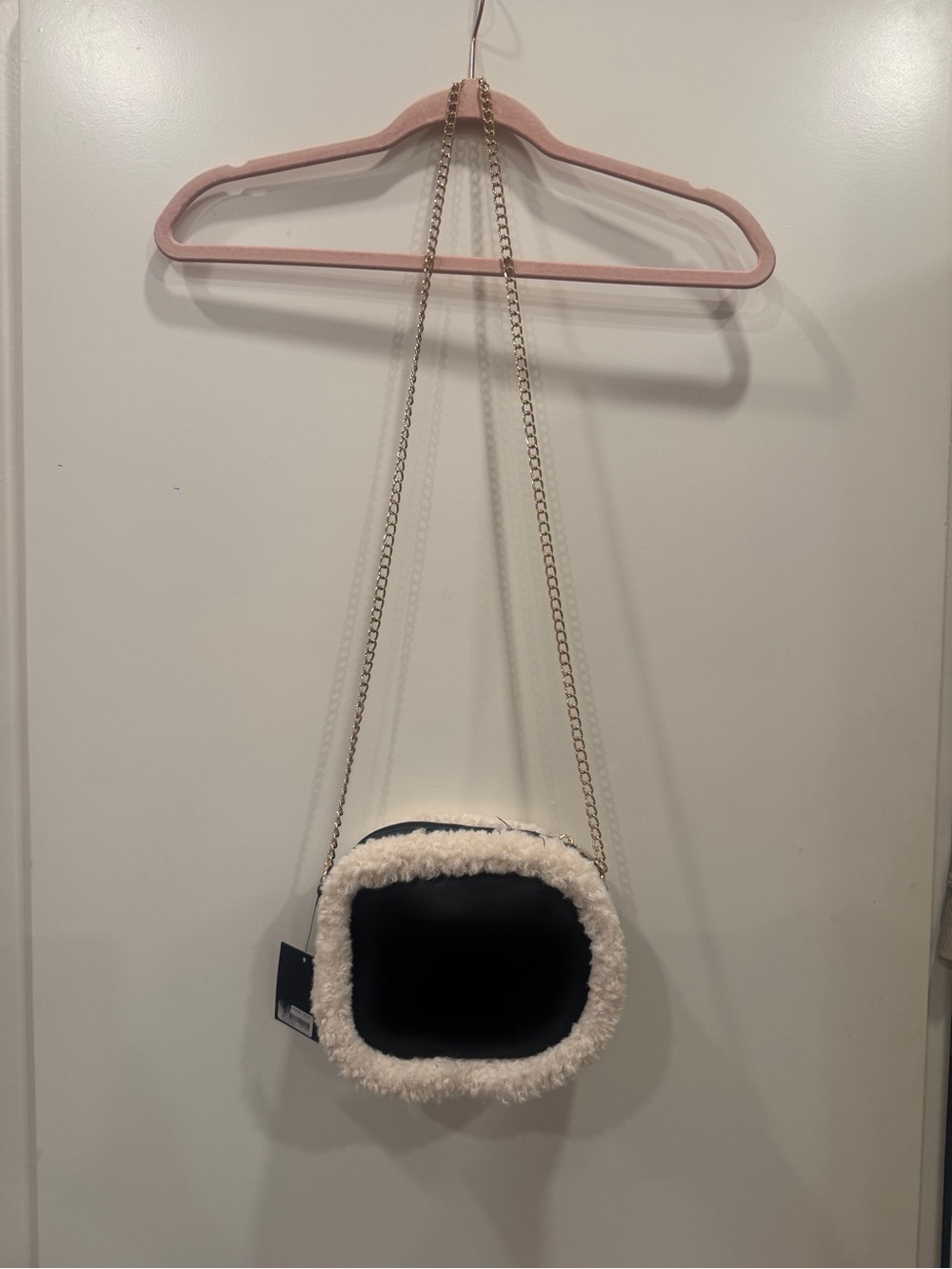 Forever 21 Black Crossbody Bag with Cream Faux Shearling Trim and Gold Chain